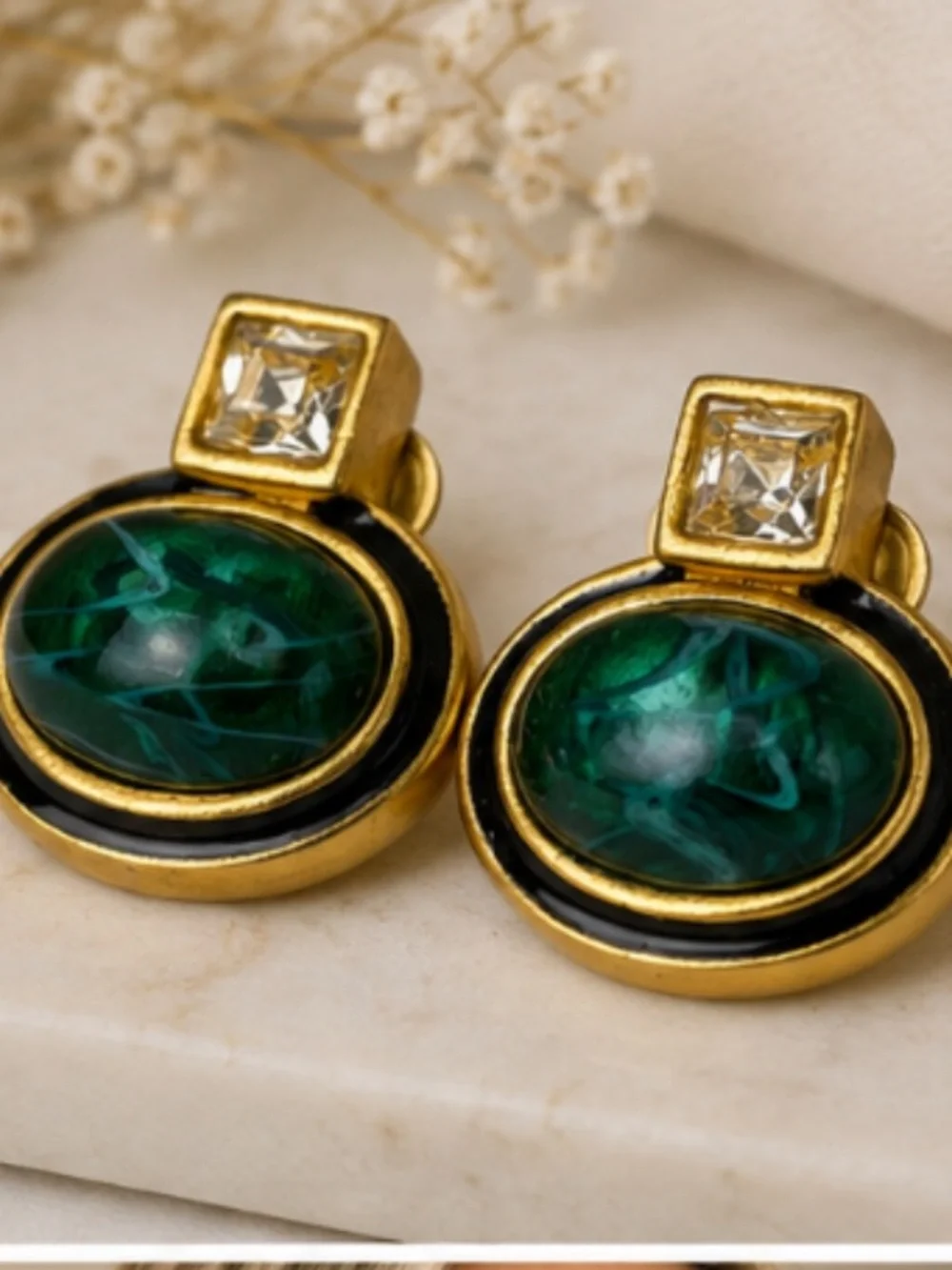 Vintage Mamselle Made in USA Clip-On Earrings Green Cabochon Rhinestone Gold Ton